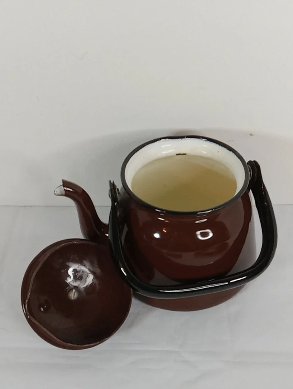 Classic Brown Enamel Tea Kettle with Black Handle